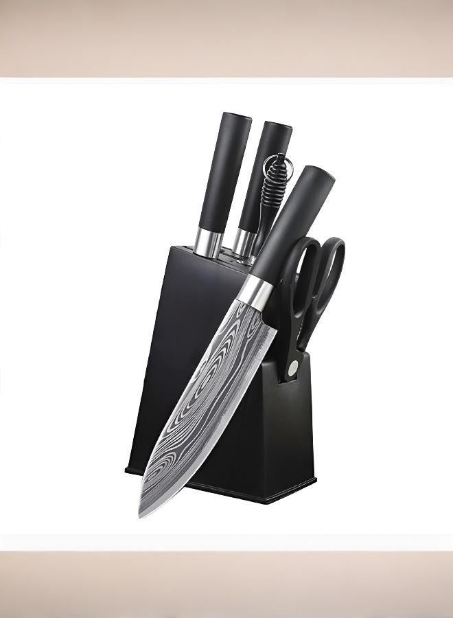 【رمضان كريم】مجموعة أدوات مائدة سميكة من خمس قطع مع حامل، تتكون من سكين سميك لتقطيع العظام، وسكين سميك للتقطيع، وسكين طاهي حاد، ومقص مطبخ، وقضيب شحذ. الشفرات ناعمة وخالية من النتوءات، بينما توفر المقابض ذات اللمسة النهائية الساتانية قبضة مريحة ومقاومة للانزلاق. مناسبة للمطبخ والأماكن المماثلة. - Image 2